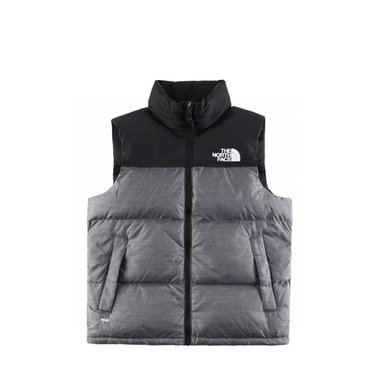 The North Face 700 Fill Puffer Vest "Black & Heather Grey" Color Block Sleeveless Down Gilet