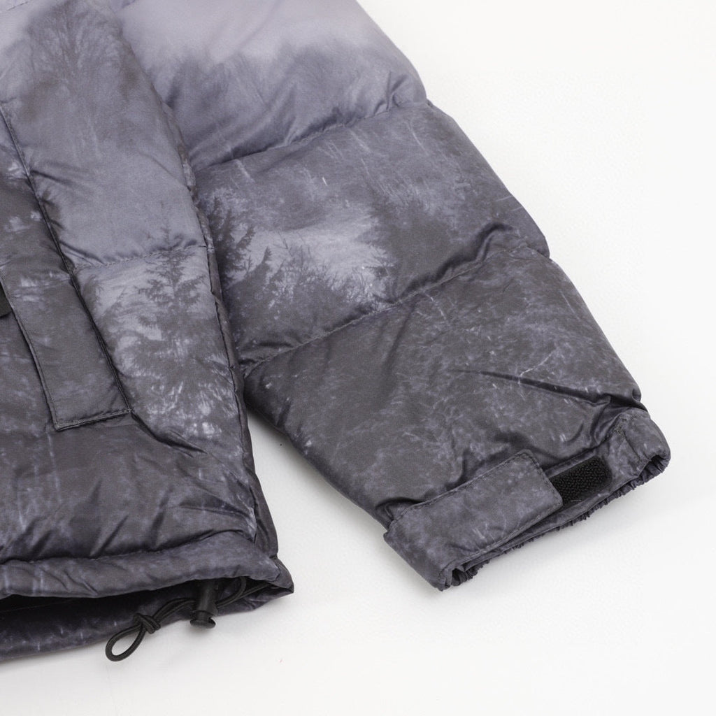 The North Face Short Puffer Jacket Black Grey Forest Landscape Print Color Block Down Coat