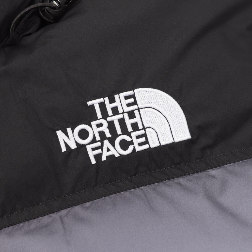 The North Face Short Puffer Jacket Black Grey Forest Landscape Print Color Block Down Coat