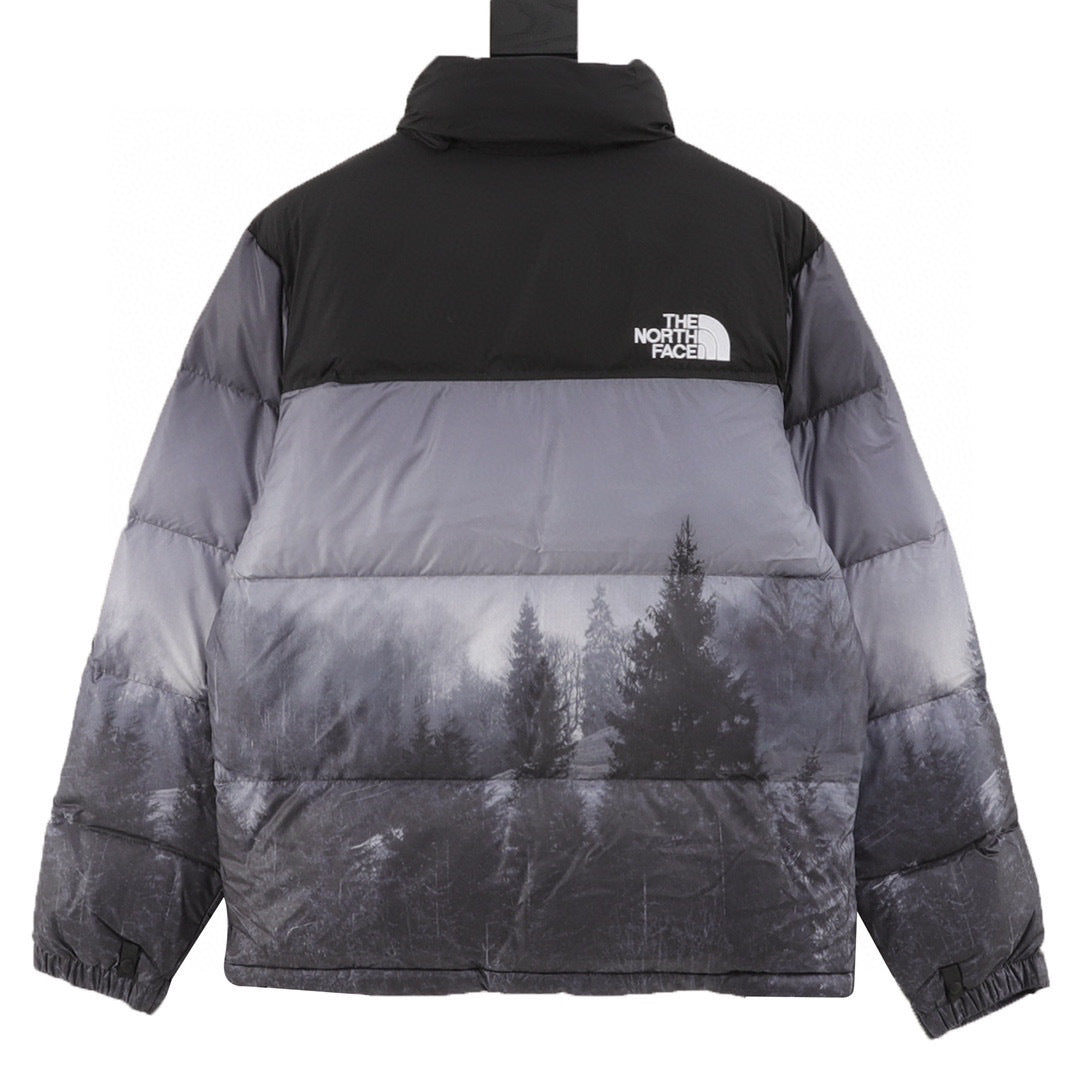 The North Face Short Puffer Jacket Black Grey Forest Landscape Print Color Block Down Coat