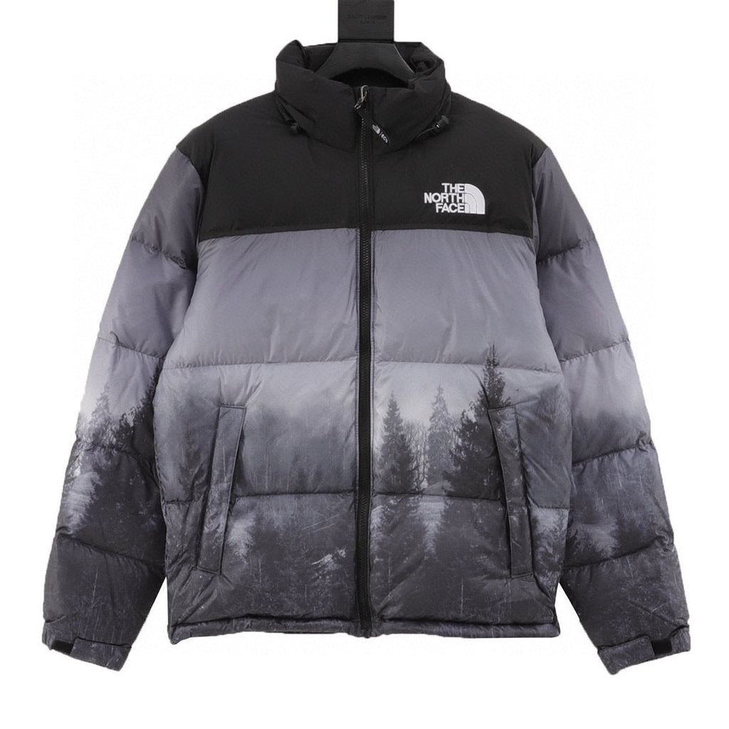 The North Face Short Puffer Jacket Black Grey Forest Landscape Print Color Block Down Coat