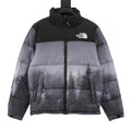 The North Face Short Puffer Jacket Black Grey Forest Landscape Print Color Block Down Coat