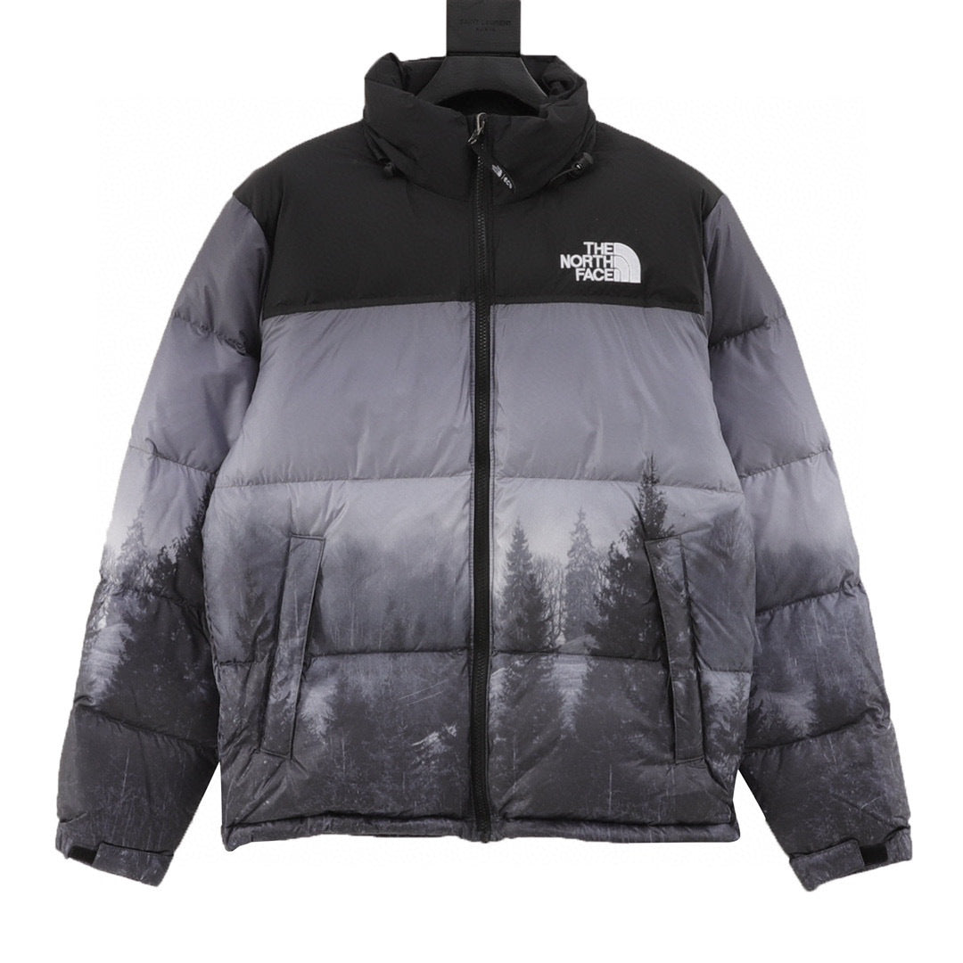 The North Face Short Puffer Jacket Black Grey Forest Landscape Print Color Block Down Coat