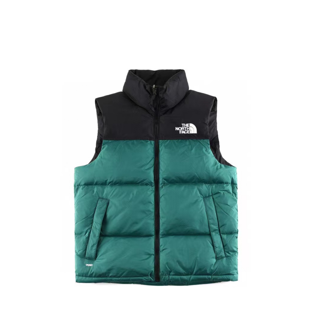 The North Face 700 Fill Puffer Vest "Black & Emerald Green" Color Block Sleeveless Down Gilet