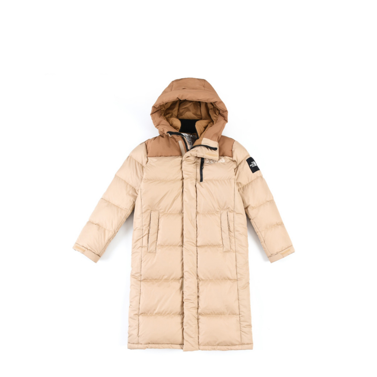 The North Face Long Hooded Puffer Parka Jacket Khaki Brown Color Block Long Down Coat